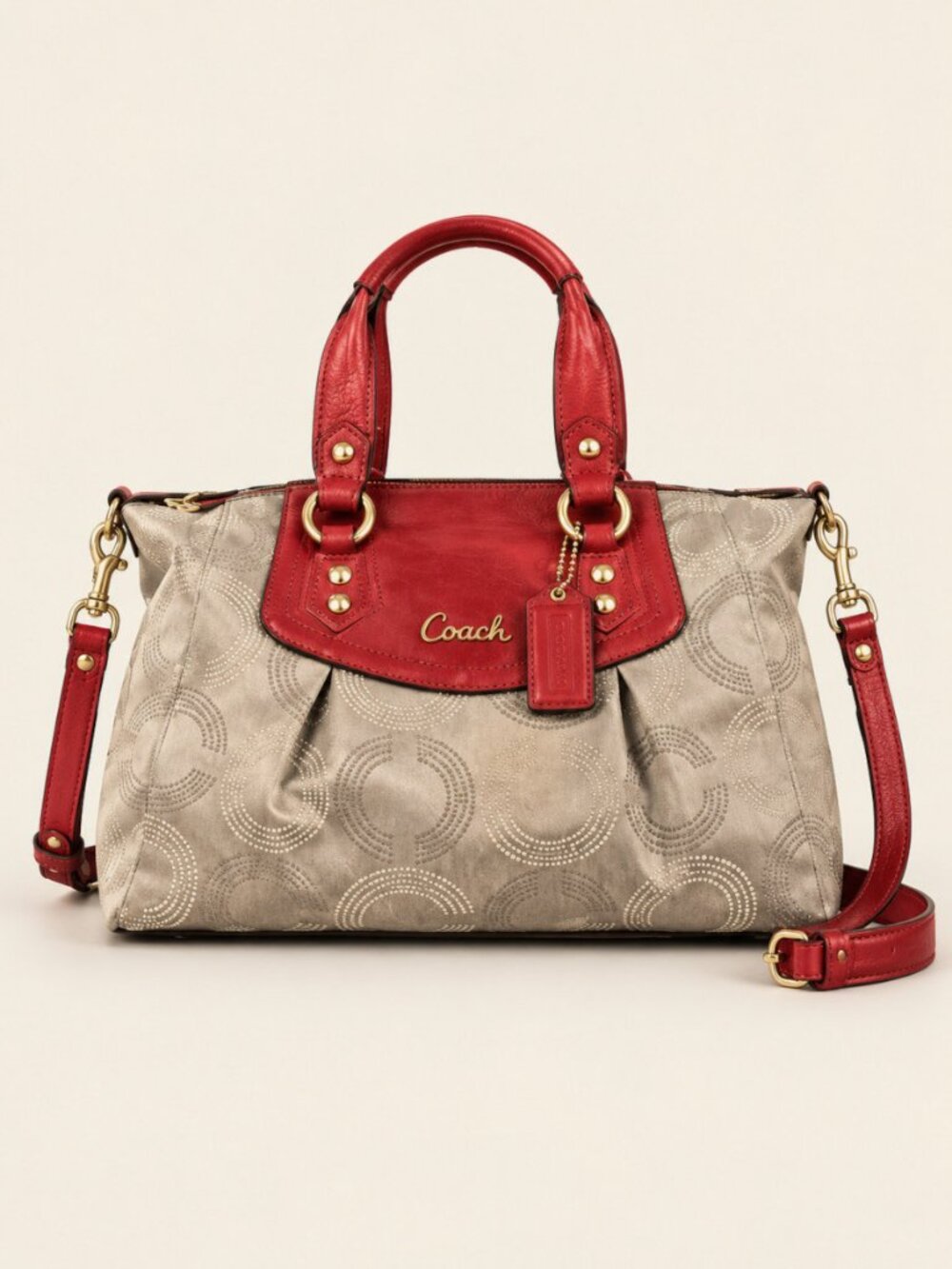 Coach Ashley Dotted Op Art Satchel Beige / Cherry Red